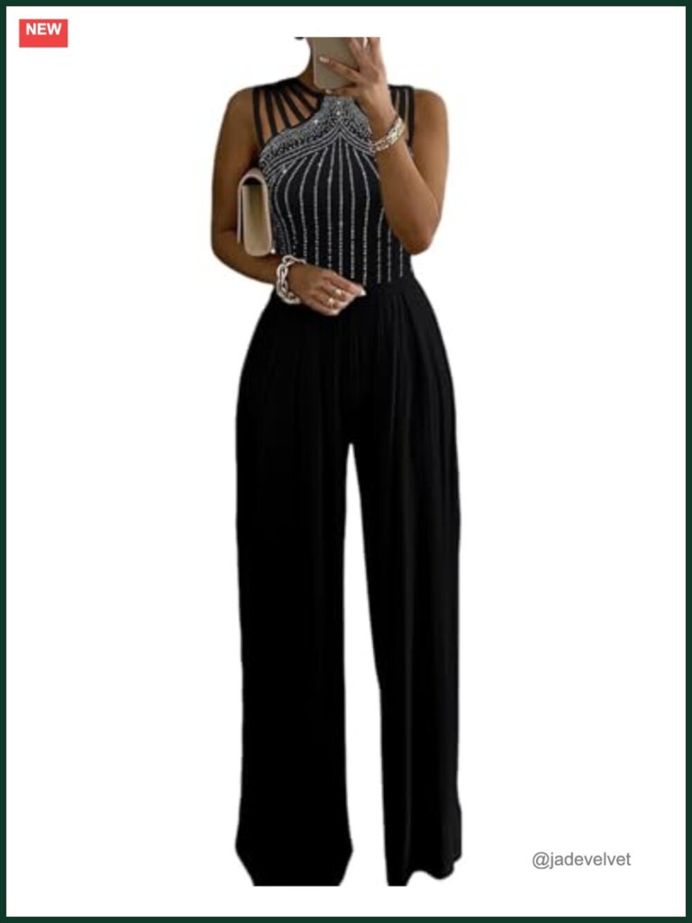 Women's One Shoulder Rhinestone Cutout Ruched Wide Leg Jumpsuit